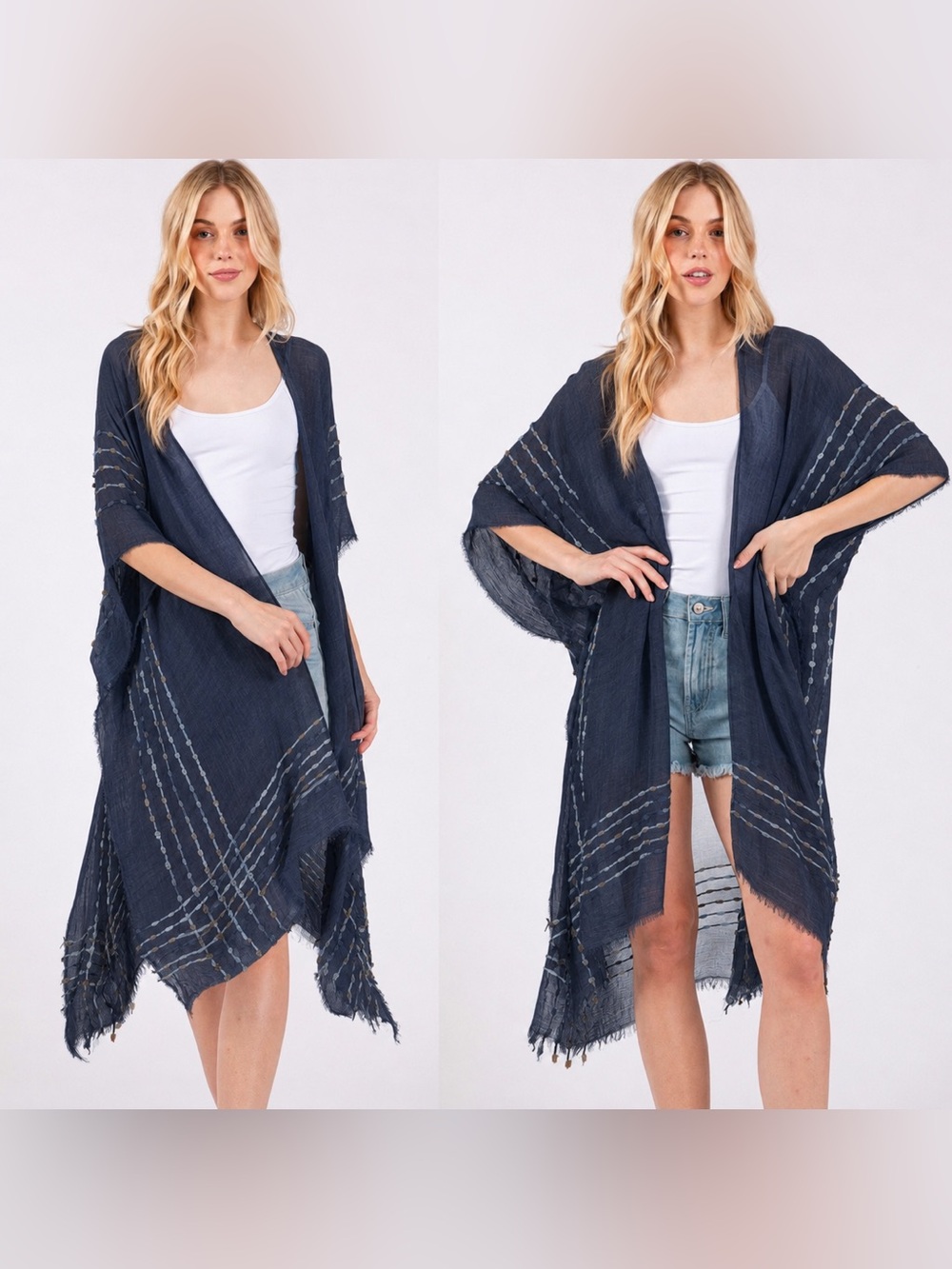 Navy Blue Boho Fringe Stitch Design Open Duster Kimono Cover-Up Shawl Wrap - Picture 3 of 3